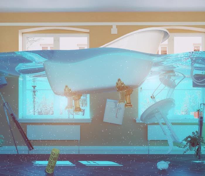 An illustration of a bathtub comically floating atop several feet of water in a home.
